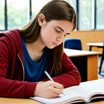 A focused young adult student, fully clothed in comfortable, modest, and appropriate casual wear, is seated at a clean, well-organized desk. They are actively engaged in studying, looking at an open textbook while diligently taking notes with a pen in a notebook, with some flashcards neatly stacked nearby. The student exhibits a concentrated and determined expression. The environment is a quiet, brightly lit study room or a modern library carrel with a large window in the background, allowing natural light to fill the space. The area is free of clutter and digital distractions. Professional photography, high resolution, soft natural lighting, sharp focus, perfect anatomy, correct proportions, natural pose, well-formed hands, proper finger count, natural body proportions, safe for work, appropriate content, fully clothed, professional.