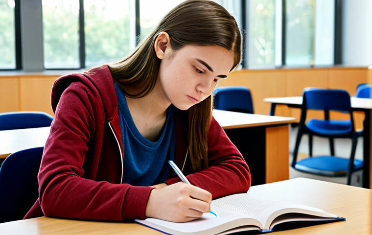 A focused young adult student, fully clothed in comfortable, modest, and appropriate casual wear, is seated at a clean, well-organized desk. They are actively engaged in studying, looking at an open textbook while diligently taking notes with a pen in a notebook, with some flashcards neatly stacked nearby. The student exhibits a concentrated and determined expression. The environment is a quiet, brightly lit study room or a modern library carrel with a large window in the background, allowing natural light to fill the space. The area is free of clutter and digital distractions. Professional photography, high resolution, soft natural lighting, sharp focus, perfect anatomy, correct proportions, natural pose, well-formed hands, proper finger count, natural body proportions, safe for work, appropriate content, fully clothed, professional.