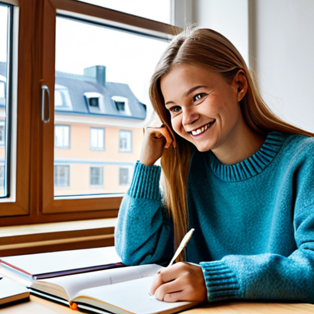 Study Planning Session**
"A young woman in a brightly lit, modern Scandinavian-style apartment, sitting at a wooden desk covered with textbooks and a laptop. She's wearing a comfortable sweater and jeans, fully clothed, appropriate attire. She's smiling thoughtfully as she writes in a planner. In the background, there's a bookshelf and a large window overlooking a Swedish city. safe for work, professional, family-friendly, perfect anatomy, natural pose, well-formed hands, proper finger count, natural body proportions, high quality, digital illustration."
**