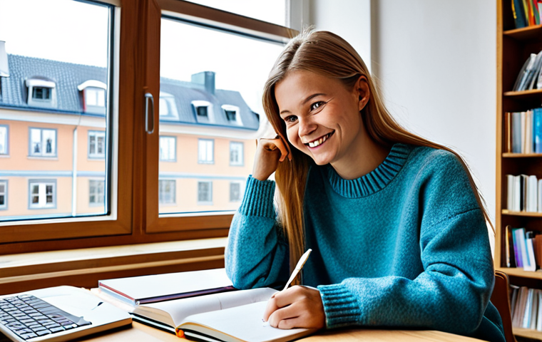 Study Planning Session**
"A young woman in a brightly lit, modern Scandinavian-style apartment, sitting at a wooden desk covered with textbooks and a laptop. She's wearing a comfortable sweater and jeans, fully clothed, appropriate attire. She's smiling thoughtfully as she writes in a planner. In the background, there's a bookshelf and a large window overlooking a Swedish city. safe for work, professional, family-friendly, perfect anatomy, natural pose, well-formed hands, proper finger count, natural body proportions, high quality, digital illustration."
**