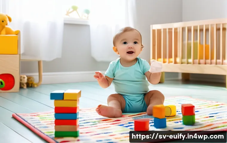 주제별 깊이 있는 학습을 위한 일정 조정 - **Prompt:** "A toddler, wearing a clean diaper, playing with colorful wooden blocks on a soft playma...