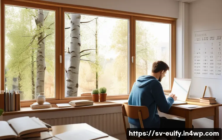 최적학습 일정 설계의 중요성 - A bright, cozy Swedish study room in the morning light, featuring a young adult student at a wooden ...