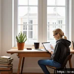 Home 18 시험 대비를 위한 집중 학습 주간 계획 - A cozy, modern Swedish study room with natural daylight streaming through large windows, featuring a...