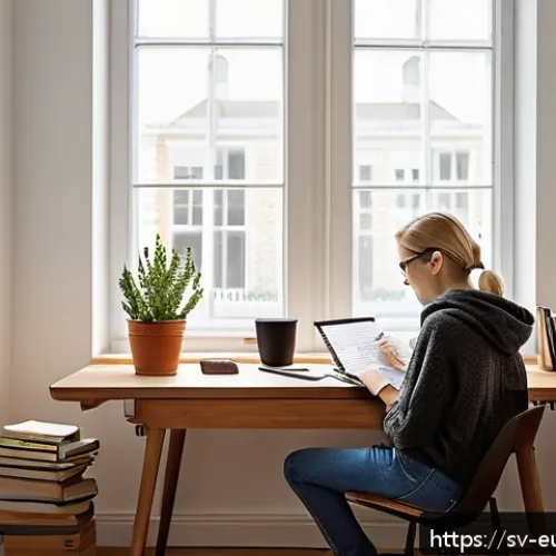 Home 30 시험 대비를 위한 집중 학습 주간 계획 - A cozy, modern Swedish study room with natural daylight streaming through large windows, featuring a...