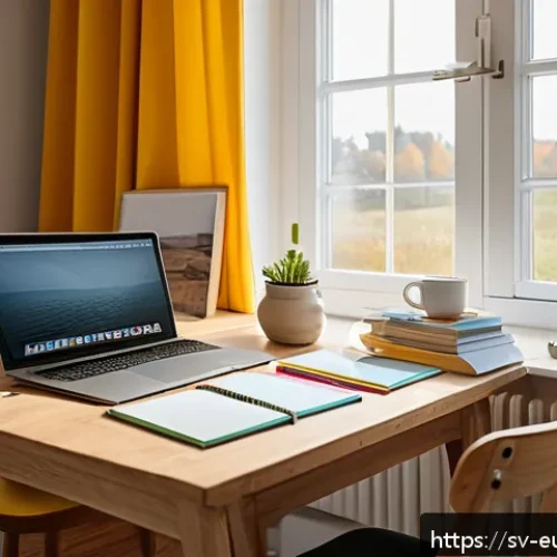 Home 17 단기 학습과 장기 학습의 조화로운 일정 - A cozy and organized Swedish study room bathed in natural morning light, featuring a wooden desk wit...